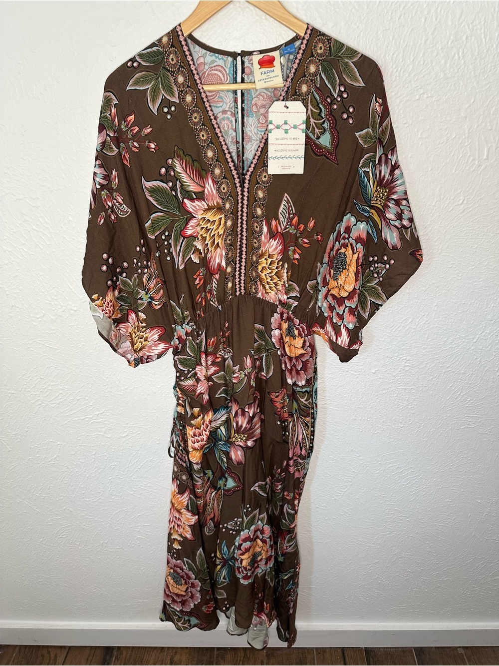 Farm Rio Valentina Floral Midi Dress Medium NWT Brown Boho Tropical Dress - Picture 2 of 8